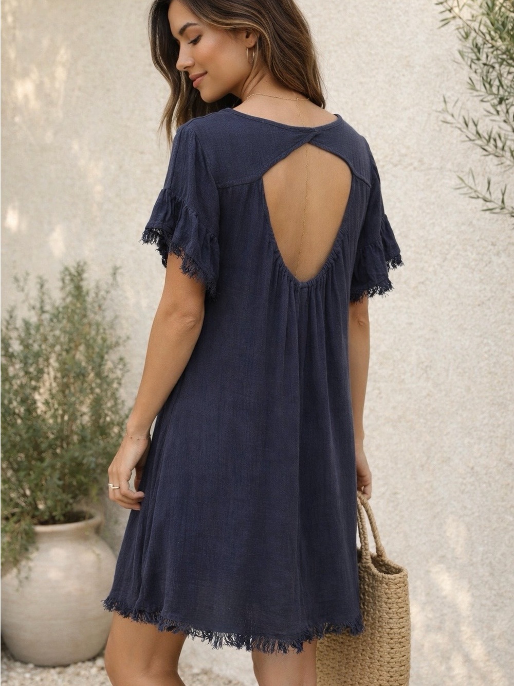 Umgee Navy Linen Blend Open Back Shift Dress Fringe Hem Small